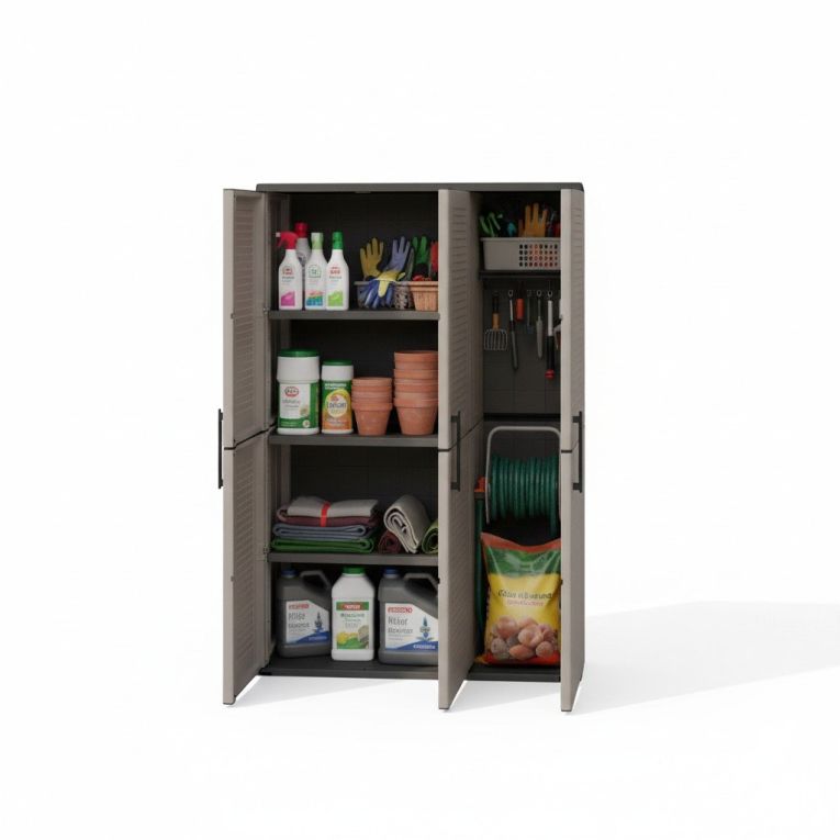 Armadio da esterno Bilzen, Mobile outdoor, Armadio balcone multiuso, 100% Made in Italy, Grigio e Nero, 102x37h163 cm Finitura righe