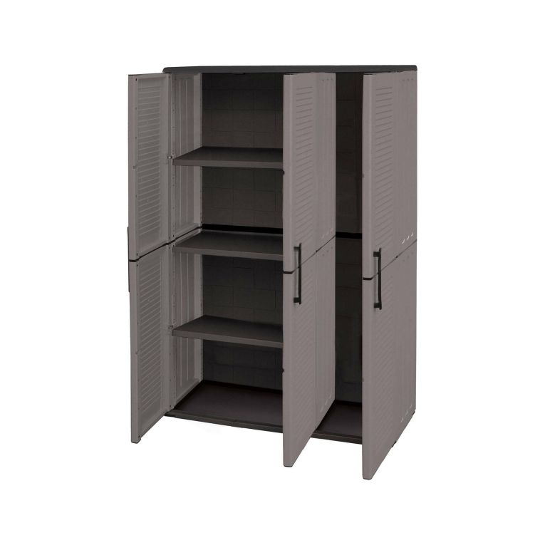 Armadio da esterno Bilzen, Mobile outdoor, Armadio balcone multiuso, 100% Made in Italy, Grigio e Nero, 102x37h163 cm Finitura righe