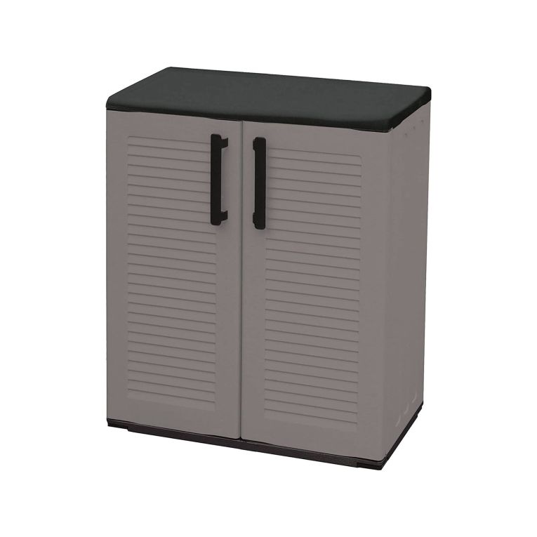 Armadio da esterno Bilzen, Mobile outdoor, Armadio balcone multiuso, 100% Made in Italy, Grigio e Nero, 68x37h84 cm Finitura righe