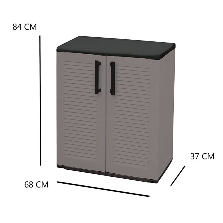 Armadio da esterno Bilzen, Mobile outdoor, Armadio balcone multiuso, 100% Made in Italy, Grigio e Nero, 68x37h84 cm Finitura righe