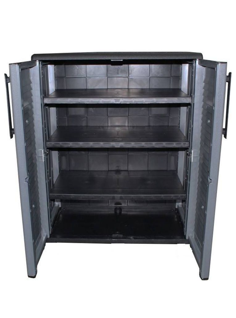Armadio da esterno Bilzen, Mobile outdoor, Armadio balcone multiuso, 100% Made in Italy, Grigio e Nero, 68x37h84 cm Finitura righe