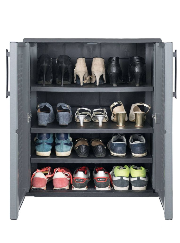 Armadio da esterno Bilzen, Mobile outdoor, Armadio balcone multiuso, 100% Made in Italy, Grigio e Nero, 68x37h84 cm Finitura righe