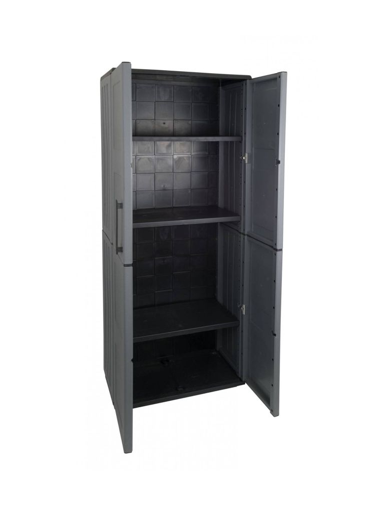 Armadio da esterno Clavier, Mobile da balcone, Armadio multiuso con ripiani, 100% Made in Italy, 68x37h163 cm, Grigio e Nero, Finitura quadri