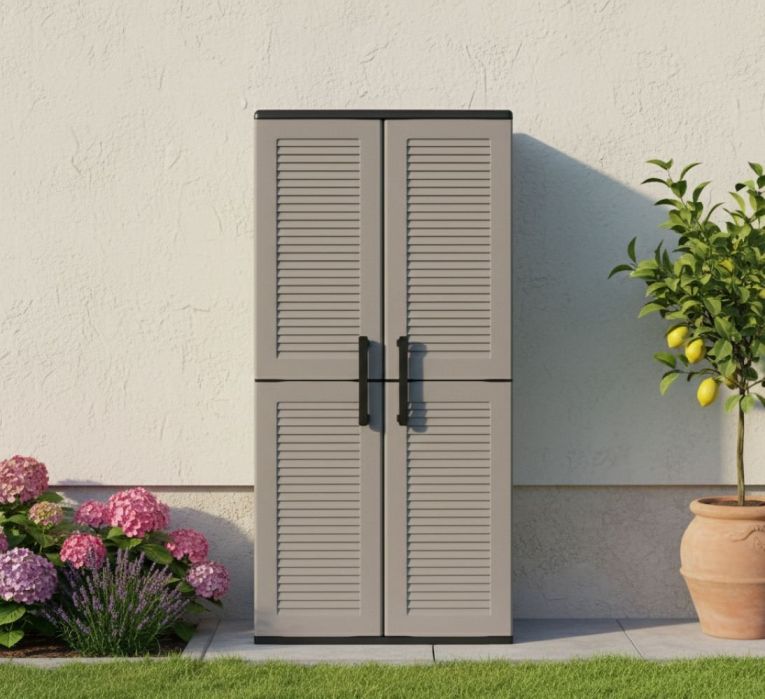 Armadio da esterno Clavier, Mobile da balcone, Armadio multiuso con ripiani, 100% Made in Italy, 68x37h163 cm, Grigio e Nero, Finitura righe
