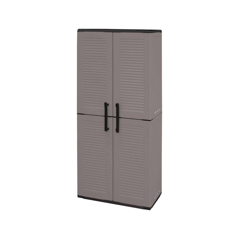 Armadio da esterno Clavier, Mobile da balcone, Armadio multiuso con ripiani, 100% Made in Italy, 68x37h163 cm, Grigio e Nero, Finitura righe