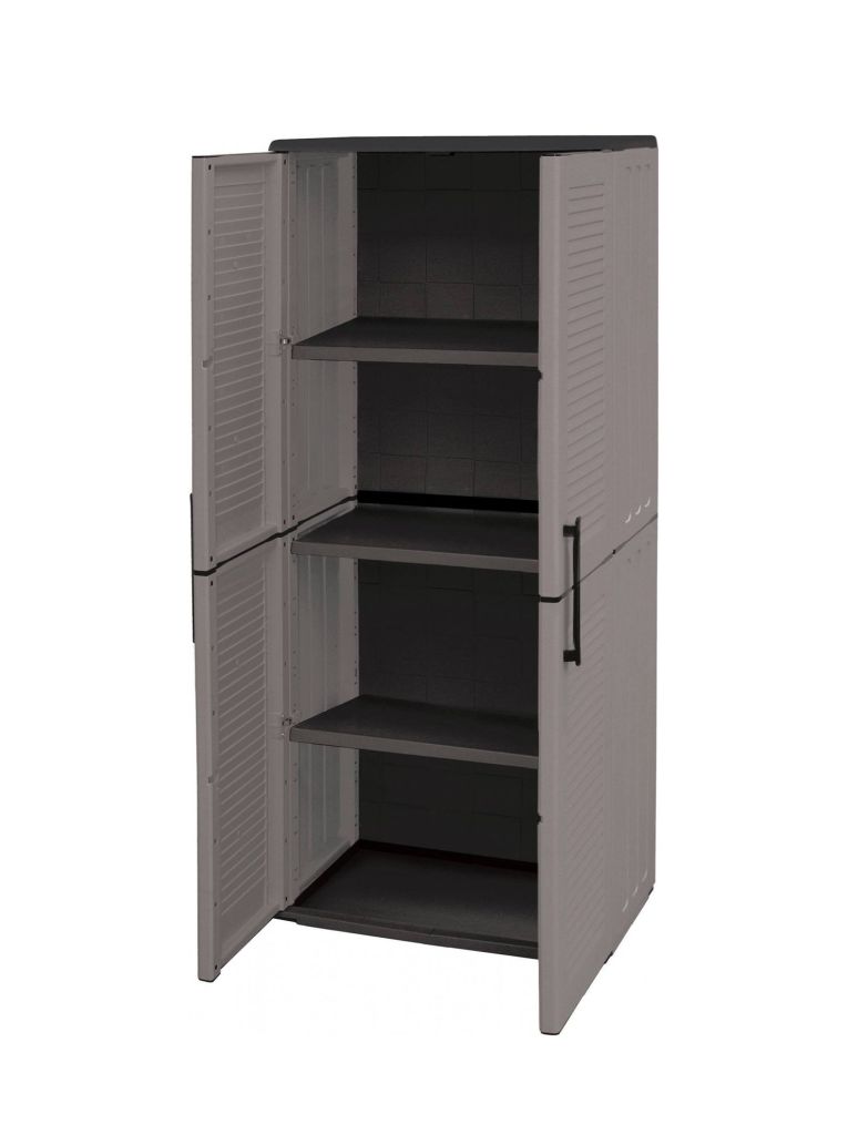 Armadio da esterno Clavier, Mobile da balcone, Armadio multiuso con ripiani, 100% Made in Italy, 68x37h163 cm, Grigio e Nero, Finitura righe
