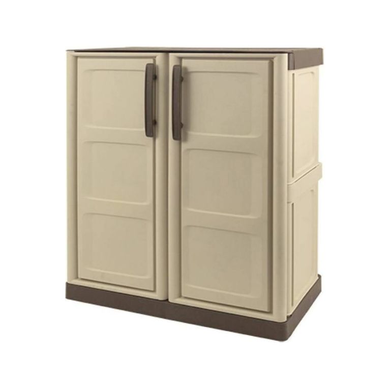 Armadio da esterno Courtrai, Armadio balcone multiuso, Mobile da esterno a 2 ante, 100% Made in Italy, Beige e Marrone, 70x39h86 cm Finitura quadri