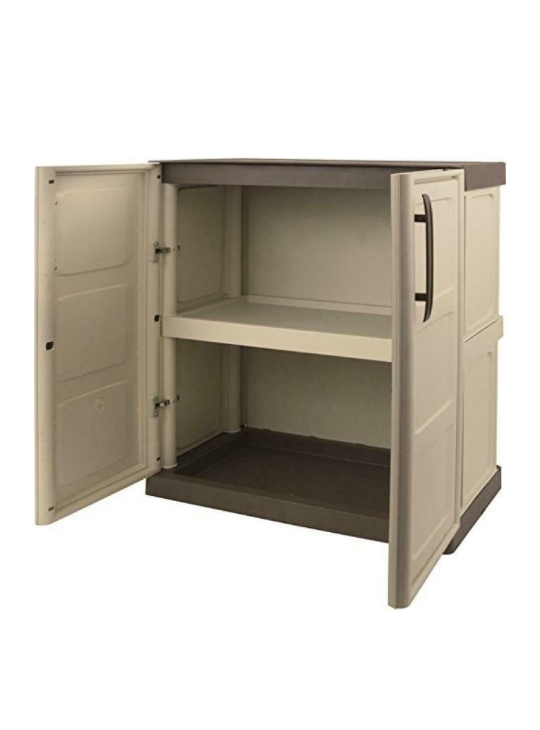 Armadio da esterno Courtrai, Armadio balcone multiuso, Mobile da esterno a 2 ante, 100% Made in Italy, Beige e Marrone, 70x39h86 cm Finitura quadri