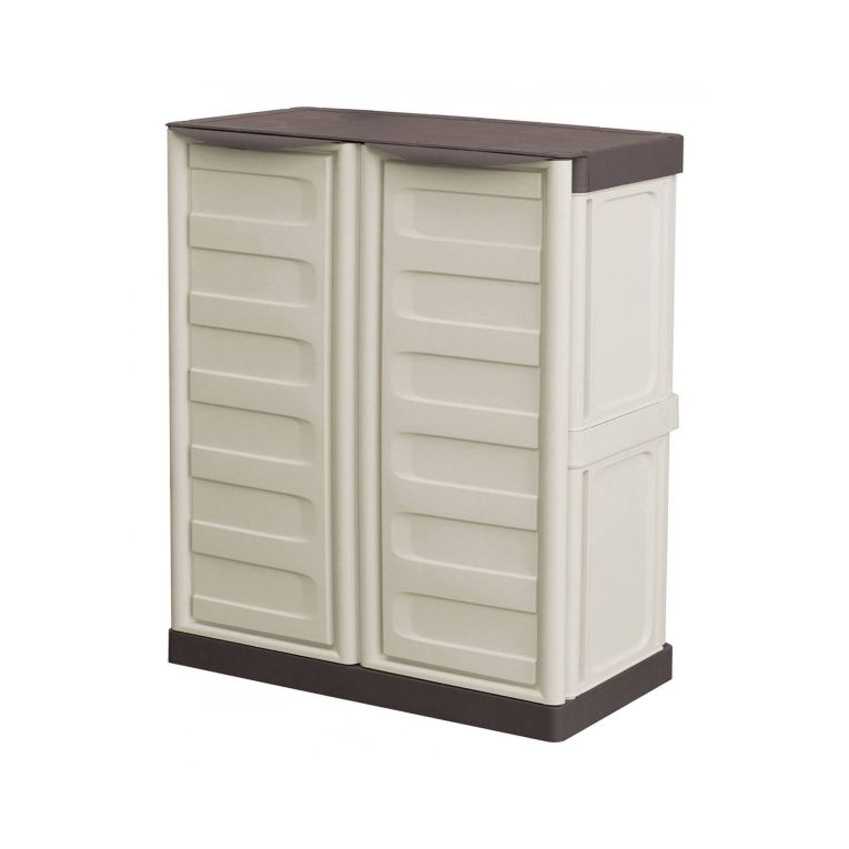 Armadio da esterno Courtrai, Armadio balcone multiuso, Mobile da esterno a 2 ante, 100% Made in Italy, Beige e Marrone, 70x39h86 cm Finitura righe