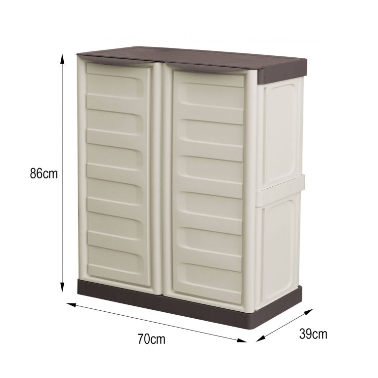 Armadio da esterno Courtrai, Armadio balcone multiuso, Mobile da esterno a 2 ante, 100% Made in Italy, Beige e Marrone, 70x39h86 cm Finitura righe