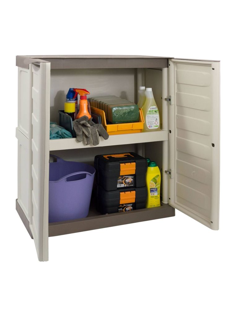 Armadio da esterno Courtrai, Armadio balcone multiuso, Mobile da esterno a 2 ante, 100% Made in Italy, Beige e Marrone, 70x39h86 cm Finitura righe