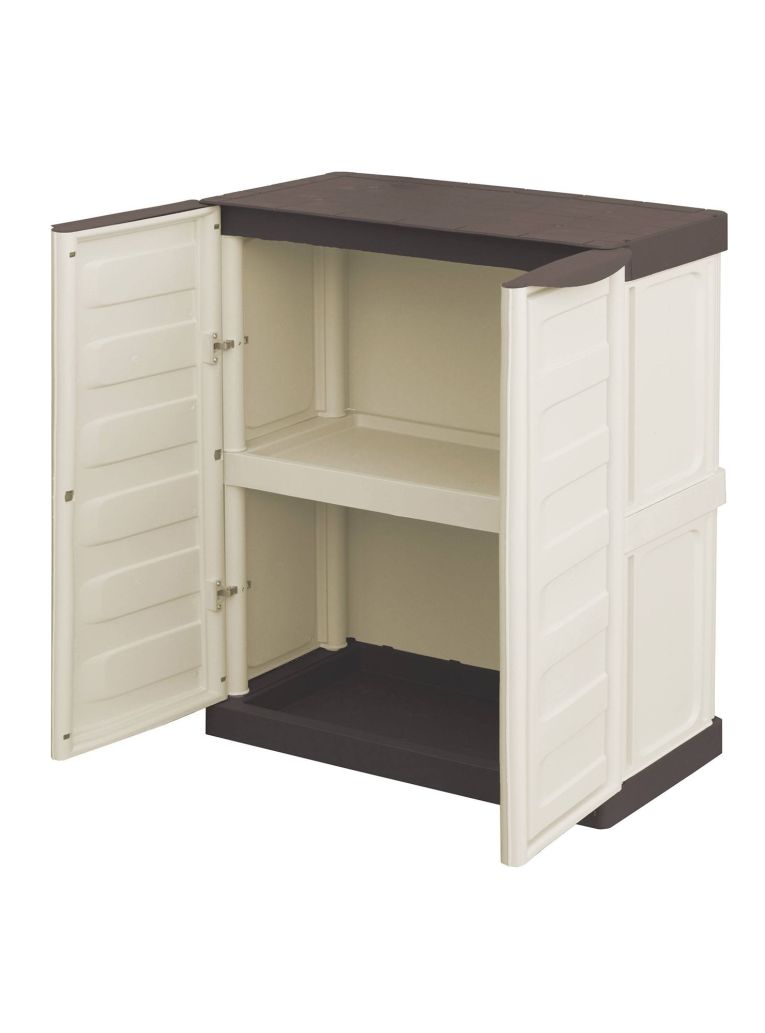 Armadio da esterno Courtrai, Armadio balcone multiuso, Mobile da esterno a 2 ante, 100% Made in Italy, Beige e Marrone, 70x39h86 cm Finitura righe