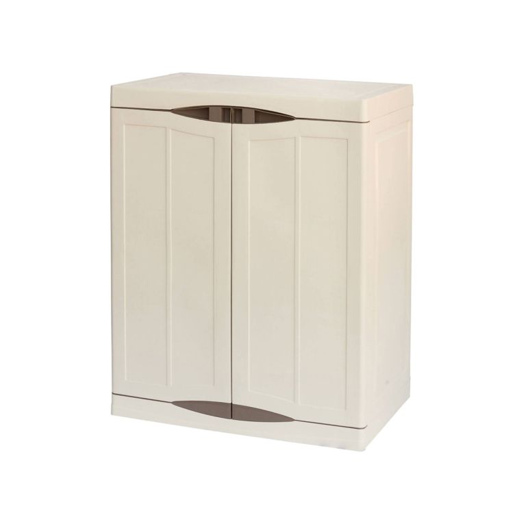 Armadio da esterno Courtrai, Armadio balcone multiuso, Mobile da esterno a 2 ante, 100% Made in Italy, Beige e Marrone, 70x47h91 cm Finitura elegante