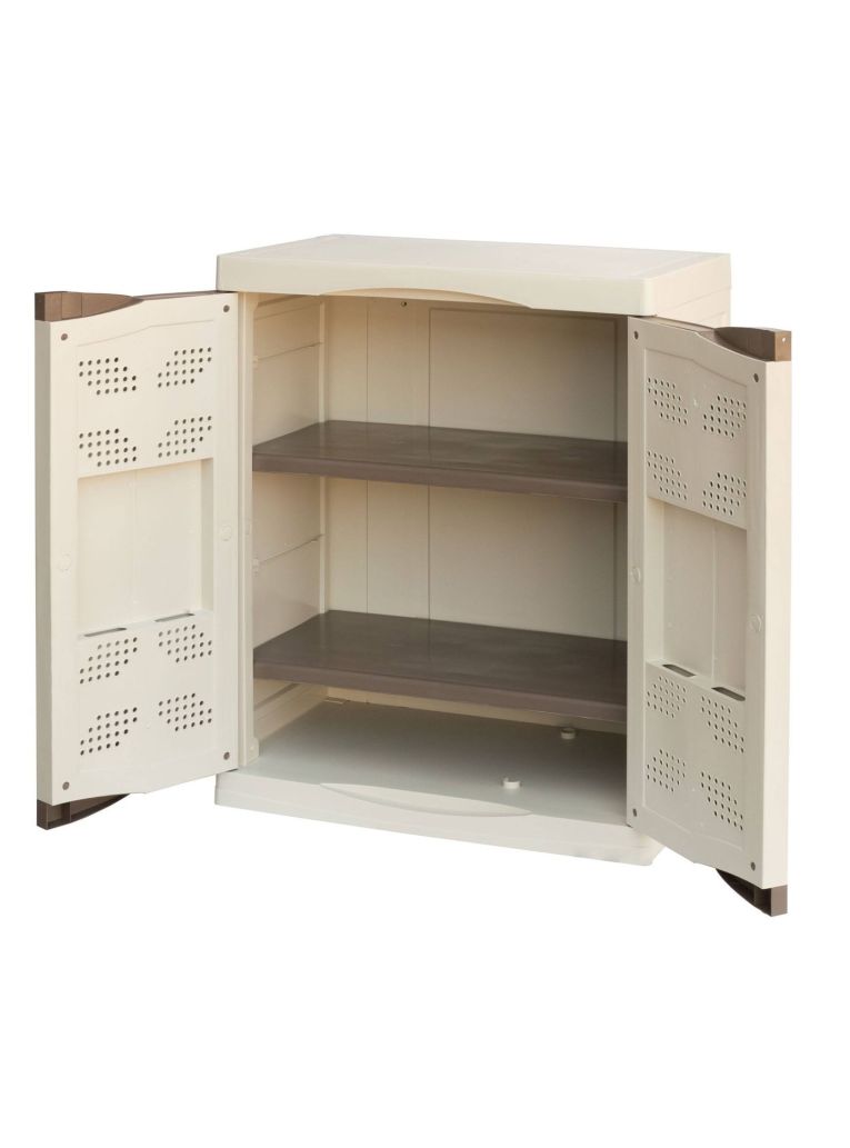 Armadio da esterno Courtrai, Armadio balcone multiuso, Mobile da esterno a 2 ante, 100% Made in Italy, Beige e Marrone, 70x47h91 cm Finitura elegante