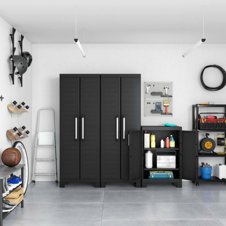 Armadio da esterno Exilles, Mobile outdoor, Mobiletto giardino multiuso, Contenitore per balcone o garage, Made in Italy, 65x45 h97 cm, Nero