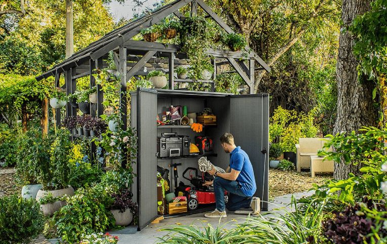 Armadio da esterno Fuscaldo, Mobile outdoor, Mobiletto giardino multiuso, Contenitore per balcone o garage, 140x74 h170 cm, Grigio scuro