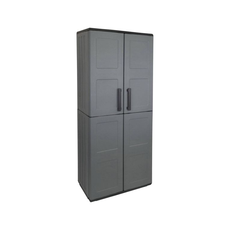 Armadio da esterno Geel, Mobile porta scope multiuso, Armadietto outdoor 2 ante, 100% Made in Italy, 68x37h163 cm, Grigio e Nero, Finitura quadri