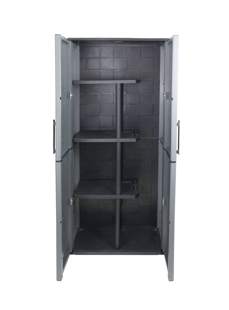 Armadio da esterno Geel, Mobile porta scope multiuso, Armadietto outdoor 2 ante, 100% Made in Italy, 68x37h163 cm, Grigio e Nero, Finitura quadri