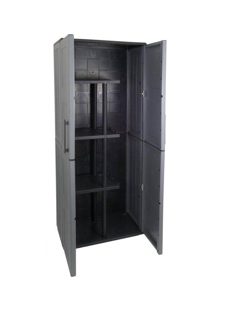 Armadio da esterno Geel, Mobile porta scope multiuso, Armadietto outdoor 2 ante, 100% Made in Italy, 68x37h163 cm, Grigio e Nero, Finitura quadri