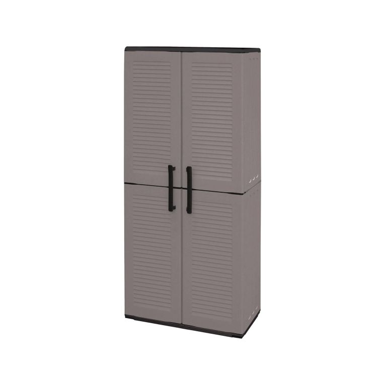 Armadio da esterno Geel, Mobile porta scope multiuso, Armadietto outdoor 2 ante, 100% Made in Italy, 68x37h163 cm, Grigio e Nero, Finitura righe