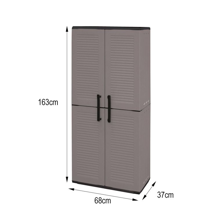 Armadio da esterno Geel, Mobile porta scope multiuso, Armadietto outdoor 2 ante, 100% Made in Italy, 68x37h163 cm, Grigio e Nero, Finitura righe