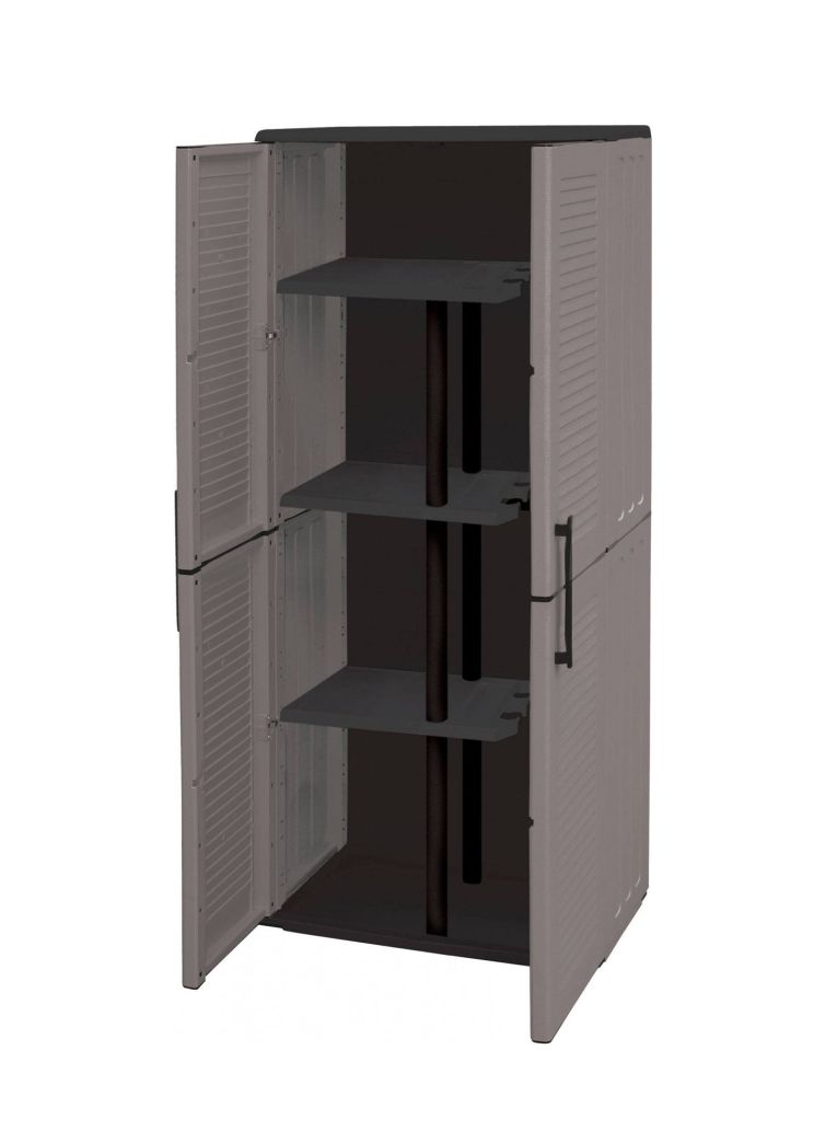 Armadio da esterno Geel, Mobile porta scope multiuso, Armadietto outdoor 2 ante, 100% Made in Italy, 68x37h163 cm, Grigio e Nero, Finitura righe