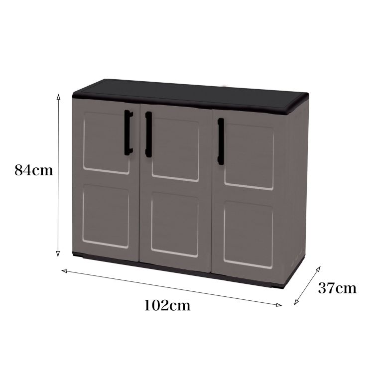 Armadio da esterno Gesves, Mobile balcone multiuso, Armadietto outdoor 3 ante, 100% Made in Italy, 102x37h84 cm, Grigio e Nero, Finitura quadri