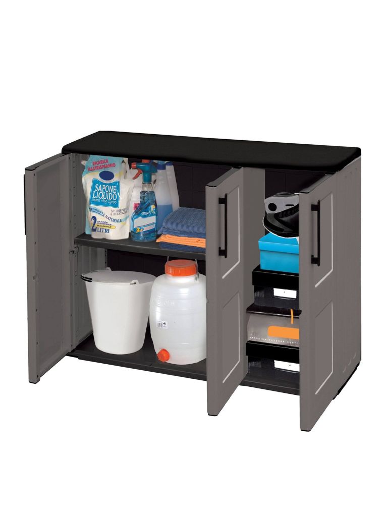Armadio da esterno Gesves, Mobile balcone multiuso, Armadietto outdoor 3 ante, 100% Made in Italy, 102x37h84 cm, Grigio e Nero, Finitura quadri