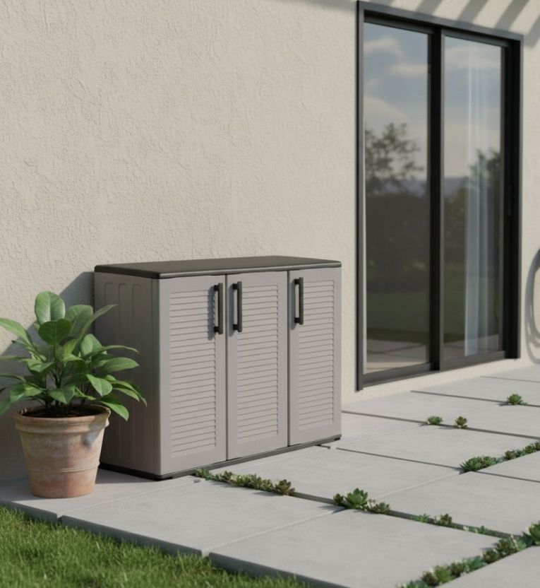 Armadio da esterno Gesves, Mobile balcone multiuso, Armadietto outdoor 3 ante, 100% Made in Italy, 102x37h84 cm, Grigio e Nero, Finitura righe