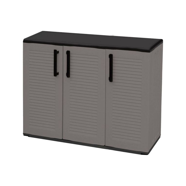 Armadio da esterno Gesves, Mobile balcone multiuso, Armadietto outdoor 3 ante, 100% Made in Italy, 102x37h84 cm, Grigio e Nero, Finitura righe