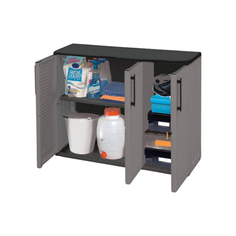 Armadio da esterno Gesves, Mobile balcone multiuso, Armadietto outdoor 3 ante, 100% Made in Italy, 102x37h84 cm, Grigio e Nero, Finitura righe