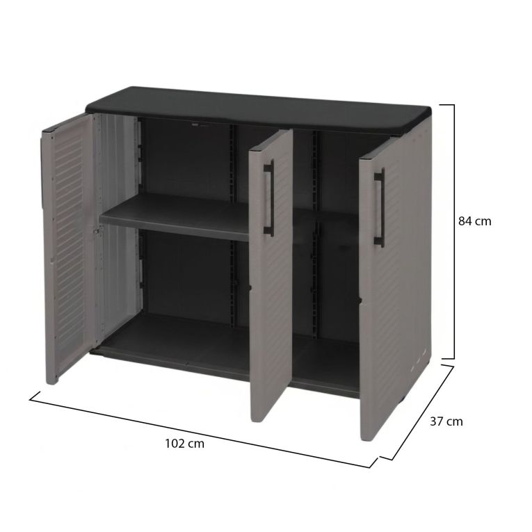Armadio da esterno Gesves, Mobile balcone multiuso, Armadietto outdoor 3 ante, 100% Made in Italy, 102x37h84 cm, Grigio e Nero, Finitura righe