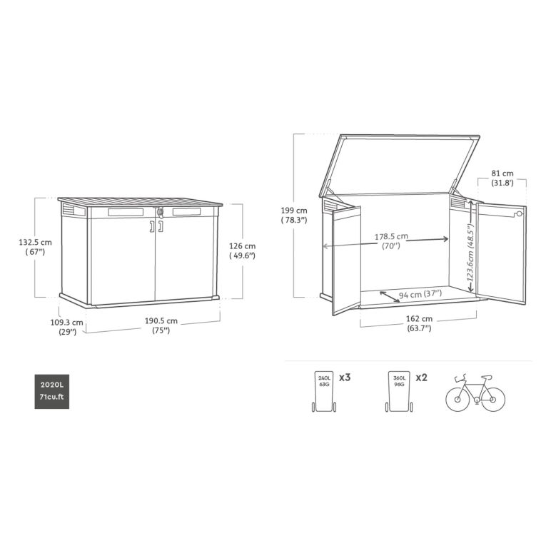 Armadio da Esterno Grigio Nero Cassetti 2 Ripiani 191x109x133h cm, Apertura Battente, a Ribalta - Litchfield