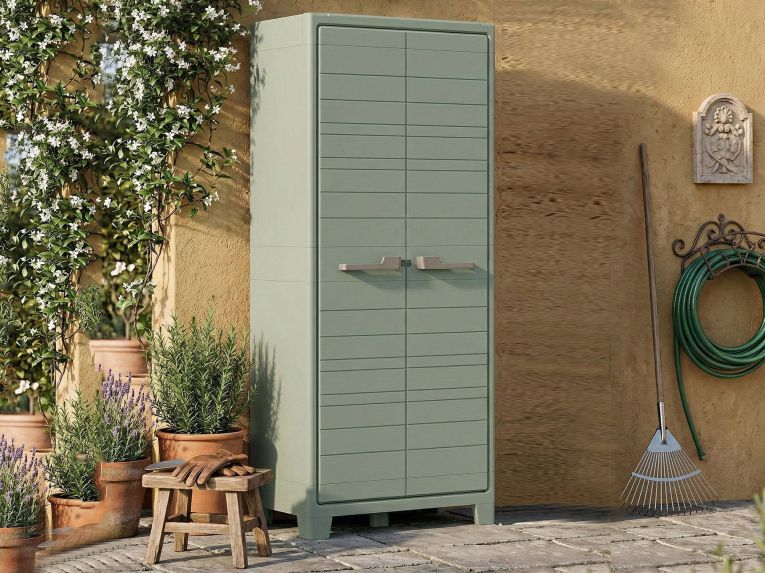 Armadio da Esterno Grigio Verde 8 Ripiani 2 Ante 80x44x182h cm, Resistente ai Raggi uv Impermeabile Made in Italy - Quesnel