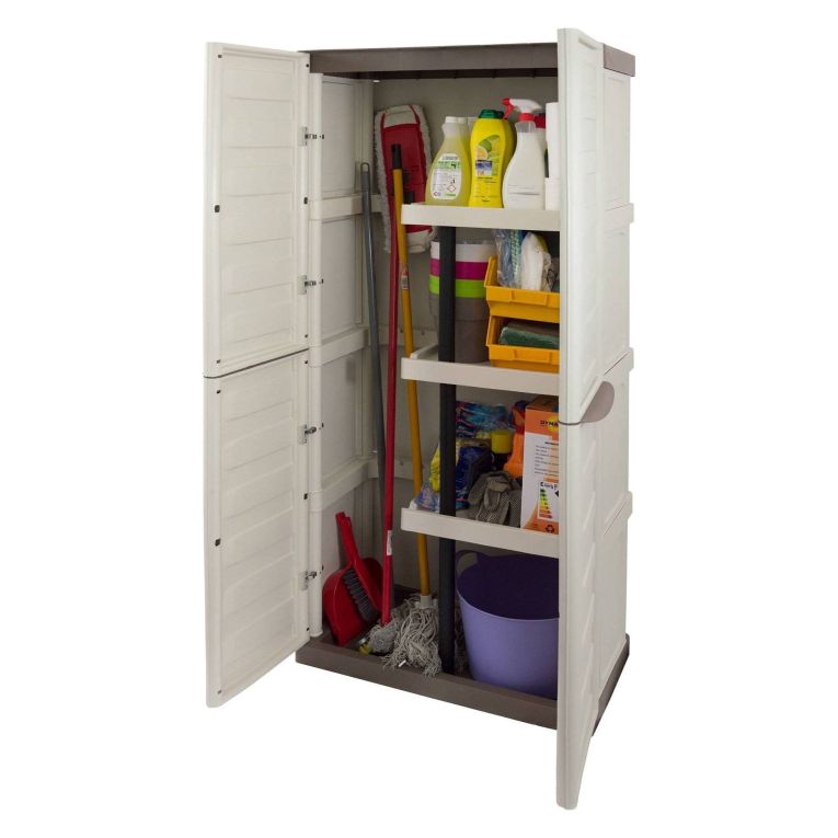 Armadio da Esterno Impermeabile 70x39x165h cm Portascope in Plastica Beige e Marrone con 3 Ripiani Regolabili e Chiusura a Lucchetto – Ipno