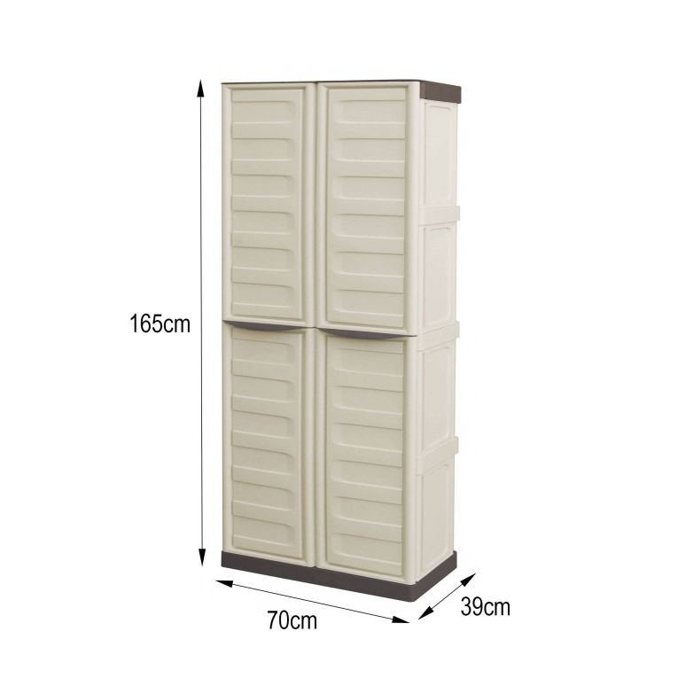 Armadio da Esterno Impermeabile 70x39x165h cm Portascope in Plastica Beige e Marrone con 3 Ripiani Regolabili e Chiusura a Lucchetto – Ipno