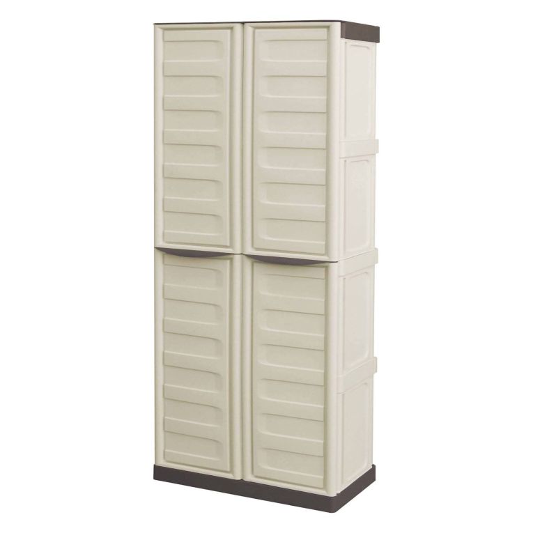 Armadio da Esterno Impermeabile 70x39x165h cm Portascope in Plastica Beige e Marrone con 3 Ripiani Regolabili e Chiusura a Lucchetto – Ipno
