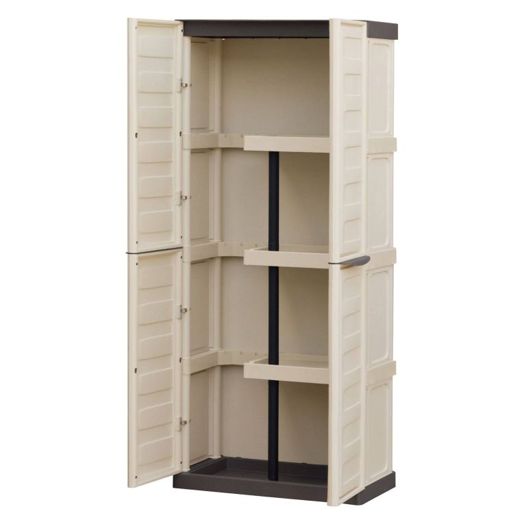 Armadio da Esterno Impermeabile 70x39x165h cm Portascope in Plastica Beige e Marrone con 3 Ripiani Regolabili e Chiusura a Lucchetto – Ipno