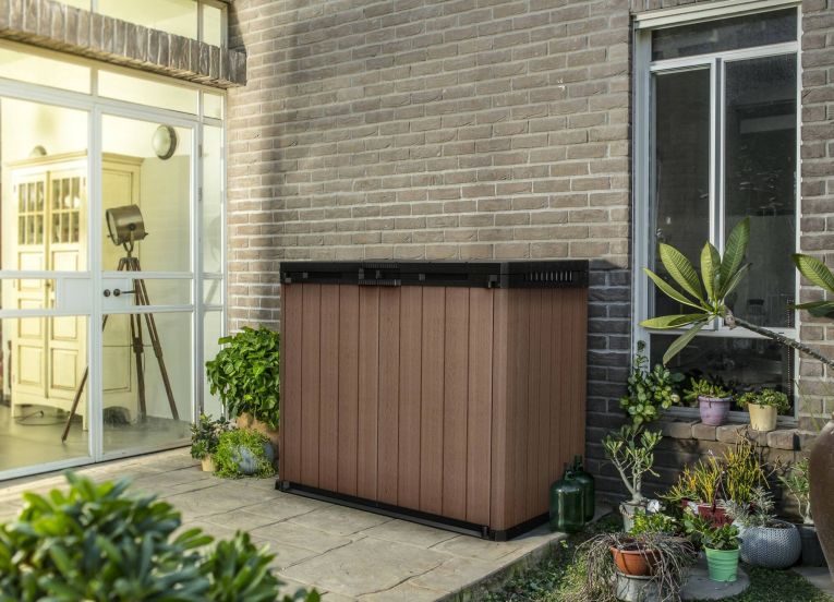 Armadio da esterno Lumarzo, Mobile outdoor, Mobiletto giardino multiuso, Contenitore per balcone o garage, 140x80 h120 cm, Marrone