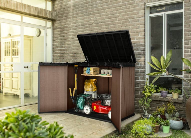 Armadio da esterno Lumarzo, Mobile outdoor, Mobiletto giardino multiuso, Contenitore per balcone o garage, 140x80 h120 cm, Marrone
