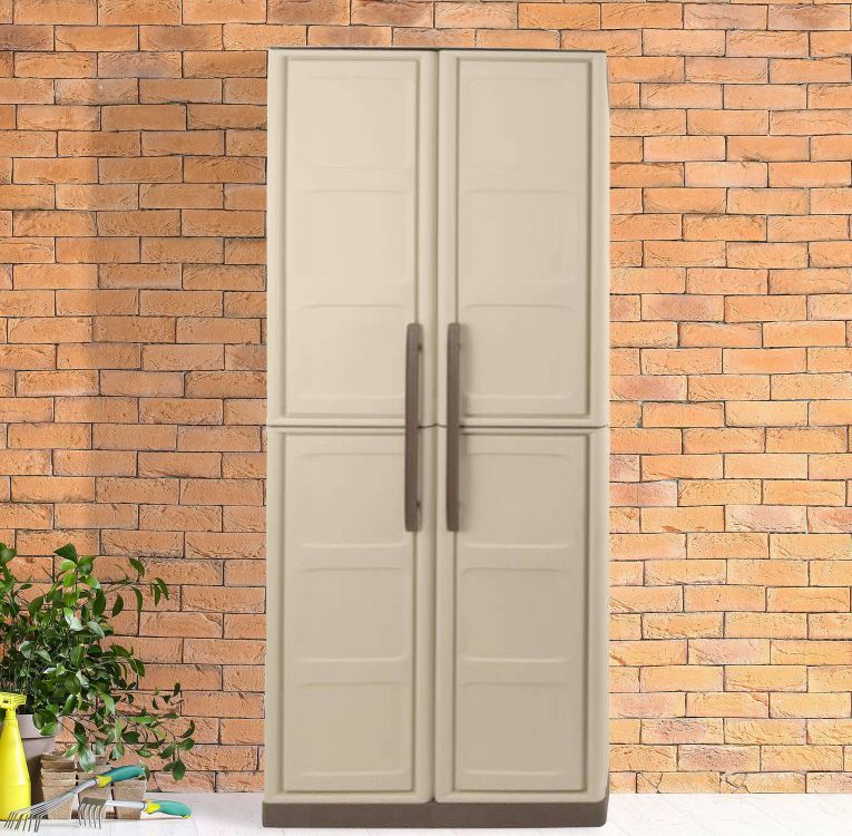 Armadio da esterno Marchin, Mobile balcone multiuso, Armadietto outdoor 2 ante, 100% Made in Italy, Beige e Marrone, 70x39h165 cm Finitura quadri