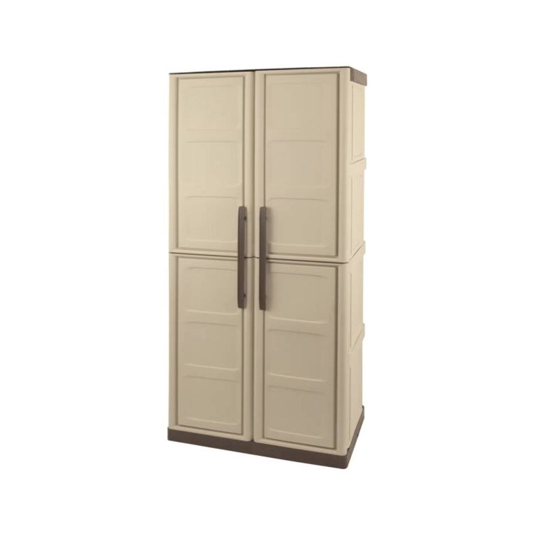 Armadio da esterno Marchin, Mobile balcone multiuso, Armadietto outdoor 2 ante, 100% Made in Italy, Beige e Marrone, 70x39h165 cm Finitura quadri