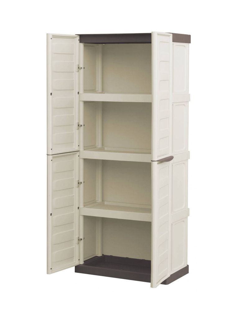 Armadio da esterno Marchin, Mobile balcone multiuso, Armadietto outdoor 2 ante, 100% Made in Italy, Beige e Marrone, 70x39h165 cm Finitura righe