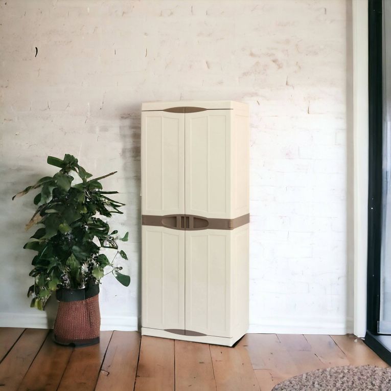 Armadio da esterno Marchin, Mobile balcone multiuso, Armadietto outdoor 2 ante, 100% Made in Italy, Beige e Marrone, 70x47h179 cm Finitura elegante