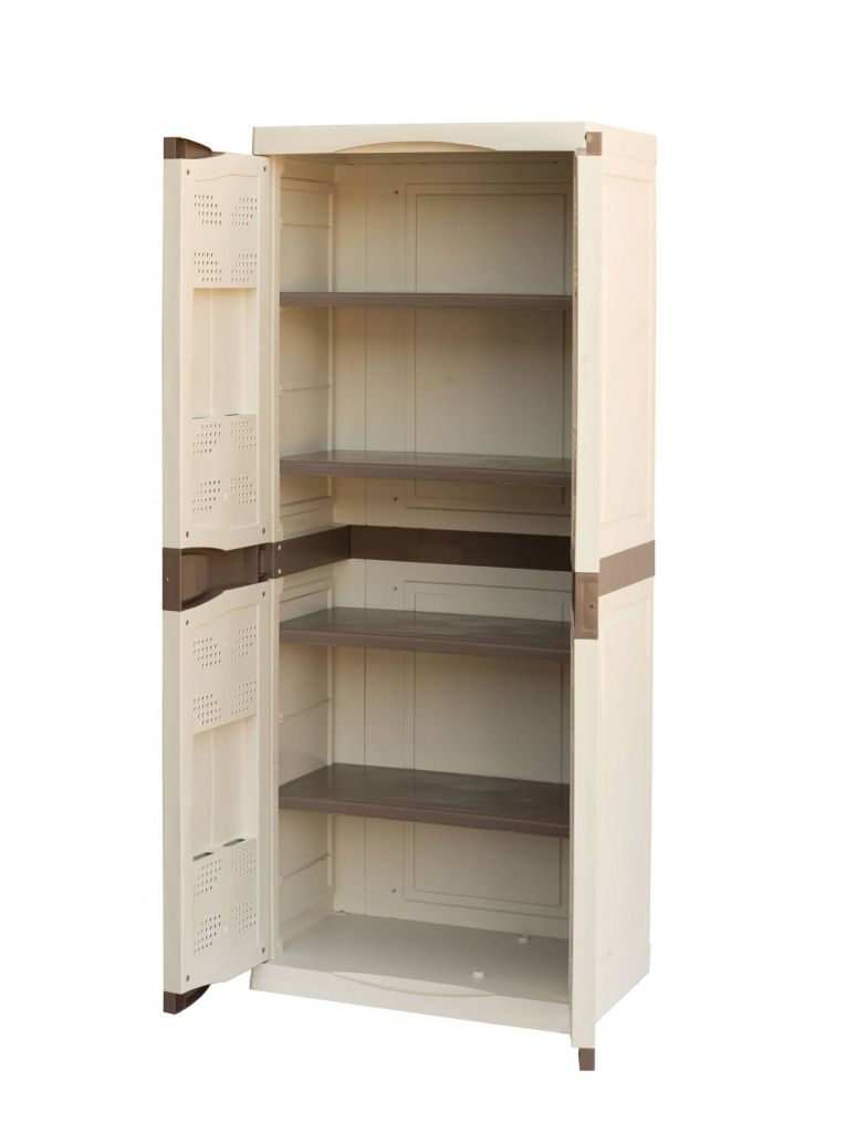 Armadio da esterno Marchin, Mobile balcone multiuso, Armadietto outdoor 2 ante, 100% Made in Italy, Beige e Marrone, 70x47h179 cm Finitura elegante