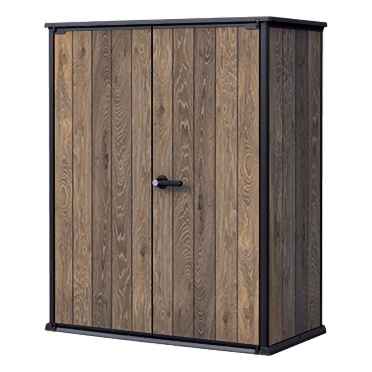 Armadio da Esterno Marrone Noce Nero Cassetti 2 Ripiani 140x74x170h cm, Apertura Battente - Langdon