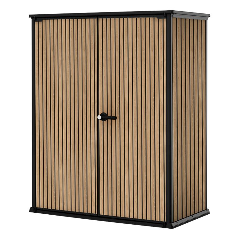 Armadio da Esterno Marrone Quercia Nero Cassetti 2 Ripiani 140x74x170h cm, Apertura Battente - Langdon