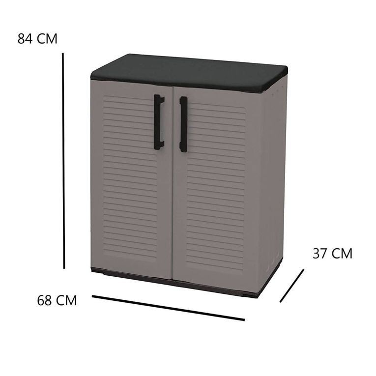 Armadio da esterno Mol, Mobile balcone multiuso, Armadietto outdoor a 2 ante, 100% Made in Italy, 68x37h84 cm, Grigio e Nero Finitura righe