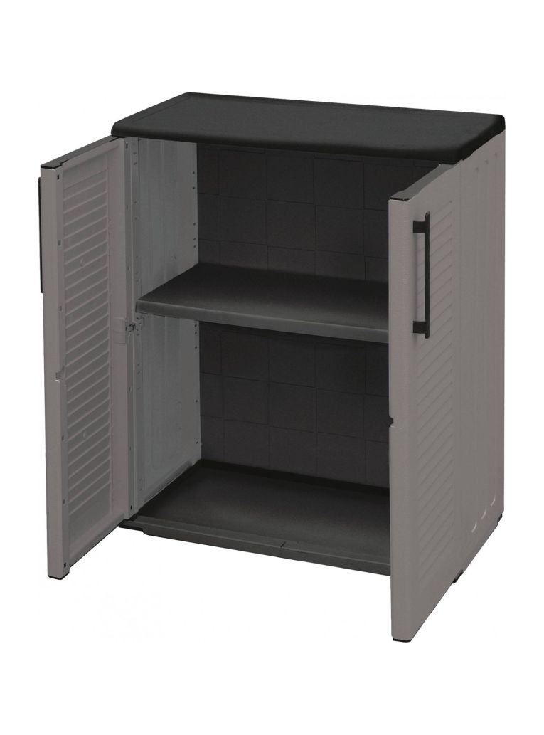 Armadio da esterno Mol, Mobile balcone multiuso, Armadietto outdoor a 2 ante, 100% Made in Italy, 68x37h84 cm, Grigio e Nero Finitura righe