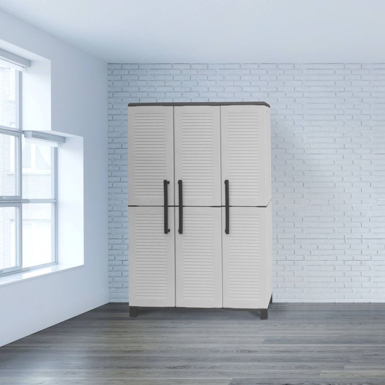 Armadio da esterno Nandrin, Mobile porta scope, Armadietto da esterno 3 ante, 100% Made in Italy, 102x37h169 cm, Grigio chiaro e Nero Finitura righe